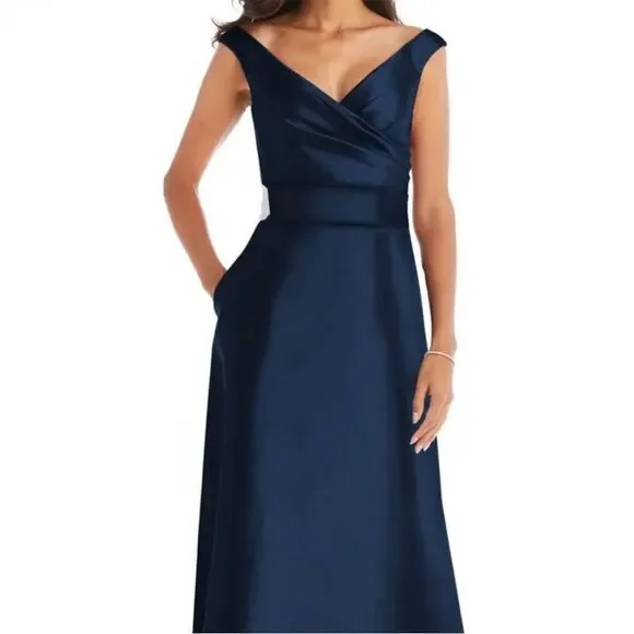 NEW Alfred Sung Midnight Blue Off Shoulder Satin Gown Formal Evening Dress Sz 6 - Picture 2 of 4